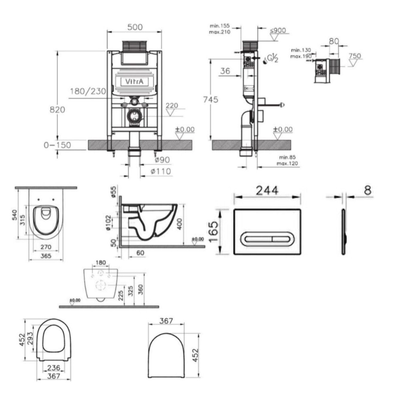 Bâti support 82cm + WC sans bride + Abattant softclose + Plaque Chrome mat (VUNI82SENTO-5)