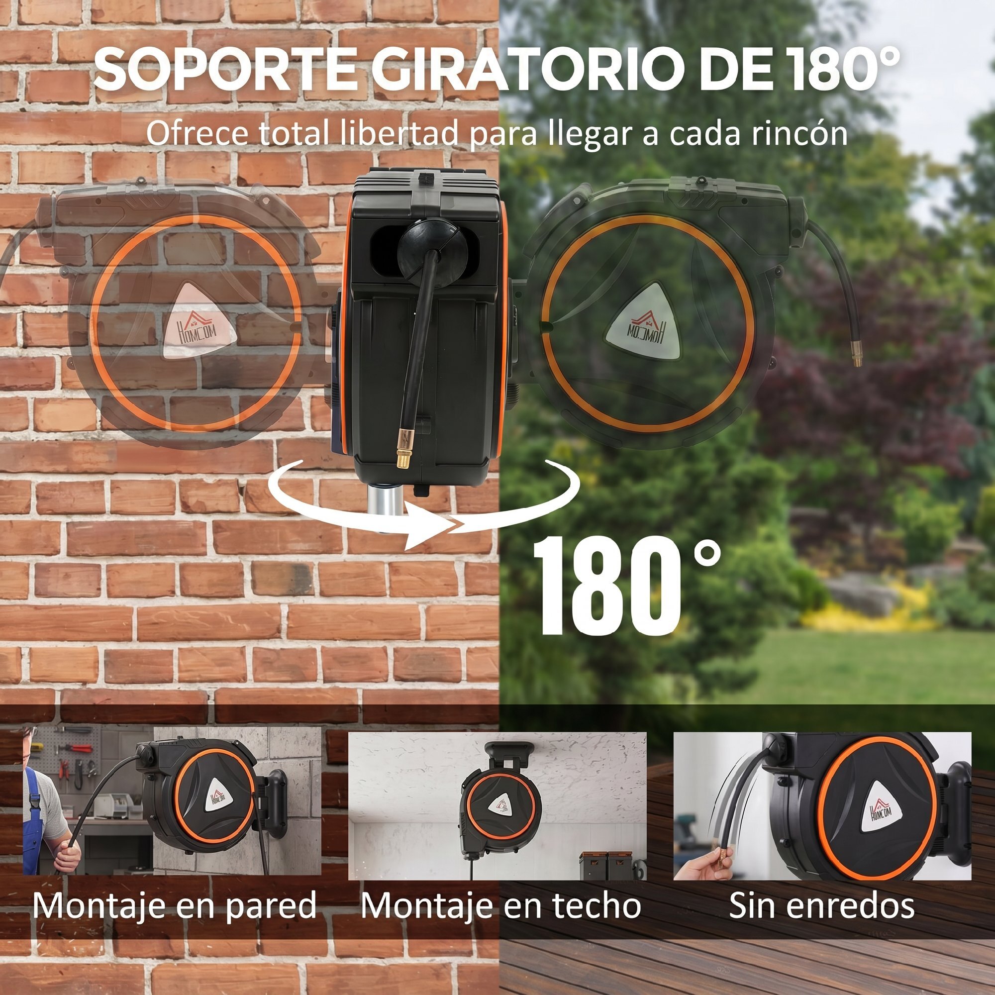Carrete de Manguera de Aire Comprimido Automático de 20 m+2 m, Conector de 1/4'' BSP, Manguera Compresor Aire con Soporte para Pared Giratorio 180°, Negro