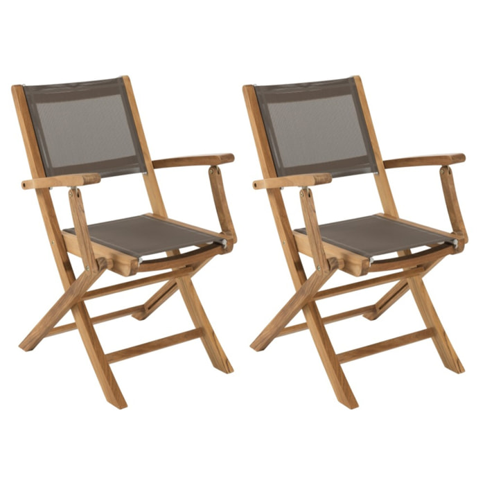FUN - Ensemble de 2 fauteuils de jardin pliants en bois teck et textilène couleur taupe