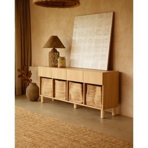 Aparador con 4 cajones de chapa de madera de roble natural de 176x40cm Alto: 75 Largo: 176 Ancho: 40