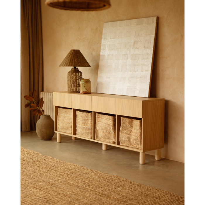 Aparador con 4 cajones de chapa de madera de roble natural de 176x40cm Alto: 75 Largo: 176 Ancho: 40