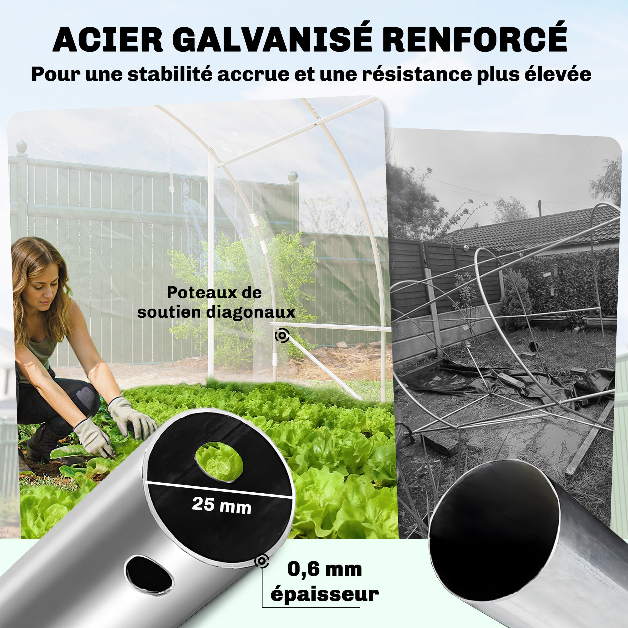 Serre tunnel de jardin 18 m² - 2 grandes portes enroulables - acier galvanisé bâche transparente
