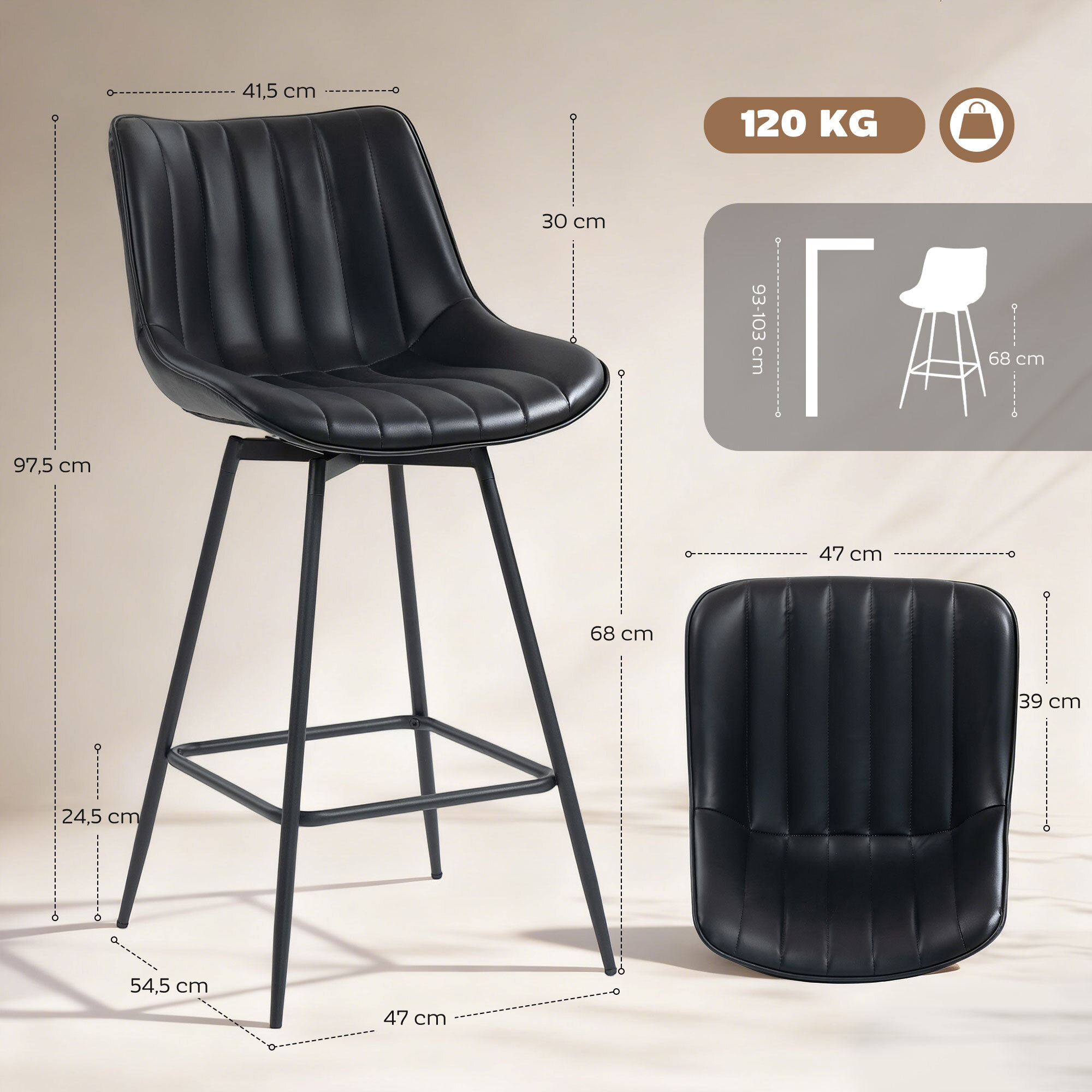 Juego de 2 Taburetes de Bar Giratorios, Taburetes Altos de Cocina con Respaldo Curvado y Reposapiés, Tapizado en PU, Marco de Acero, Sillas Altas de Cocina para Comedor, Salón, Negro