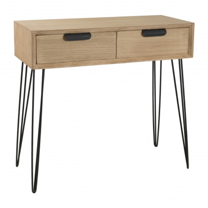 EDITH - Console bois naturel 2 tiroirs pieds épingles métal noir