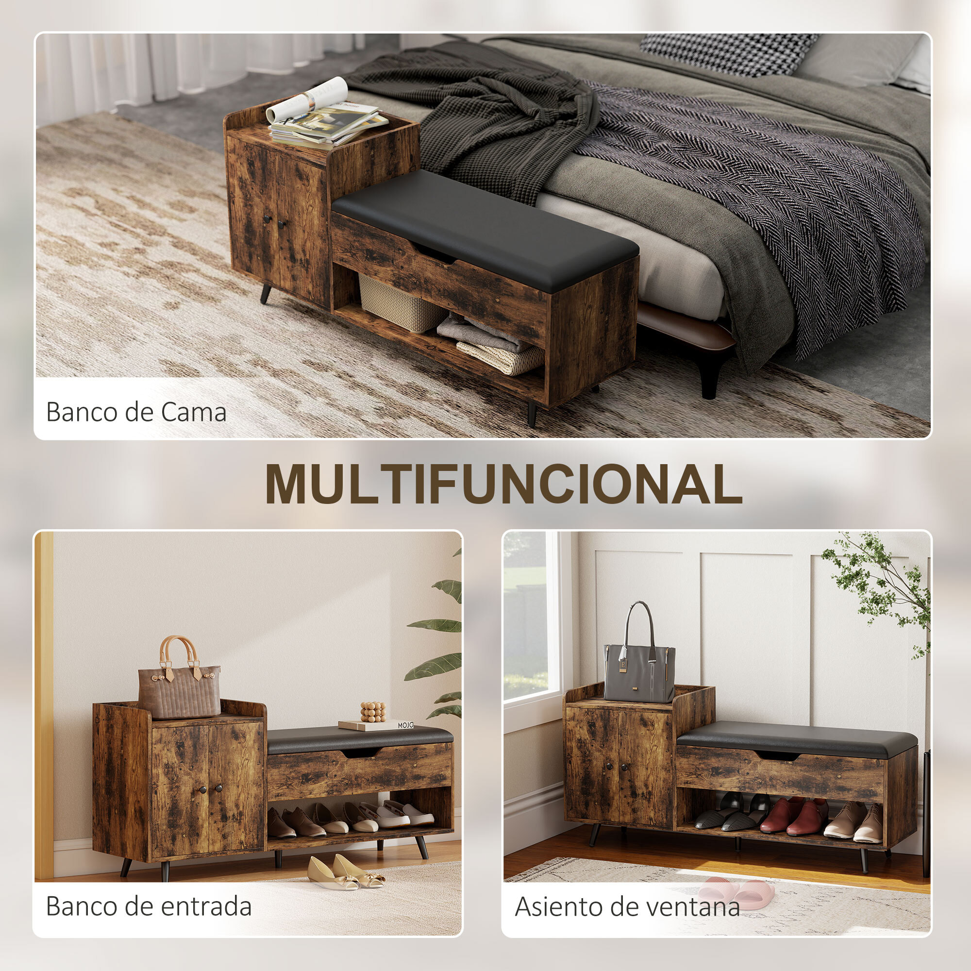 Banco Zapatero, Banco Recibidor Industrial, con Asiento Acolchado, Compartimento Oculto, Estantes, Puertas, Estante Abierto para 3 Pares de Zapatos, para Entrada, 127x35x59 cm, Marrón Rústico