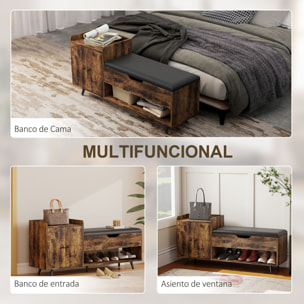 Banco Zapatero, Banco Recibidor Industrial, con Asiento Acolchado, Compartimento Oculto, Estantes, Puertas, Estante Abierto para 3 Pares de Zapatos, para Entrada, 127x35x59 cm, Marrón Rústico