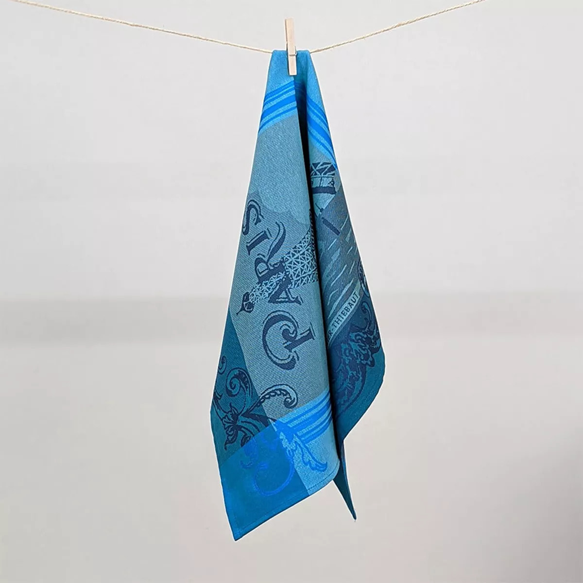 Torchon pur coton motif jacquard bleu Paris seine turquoise