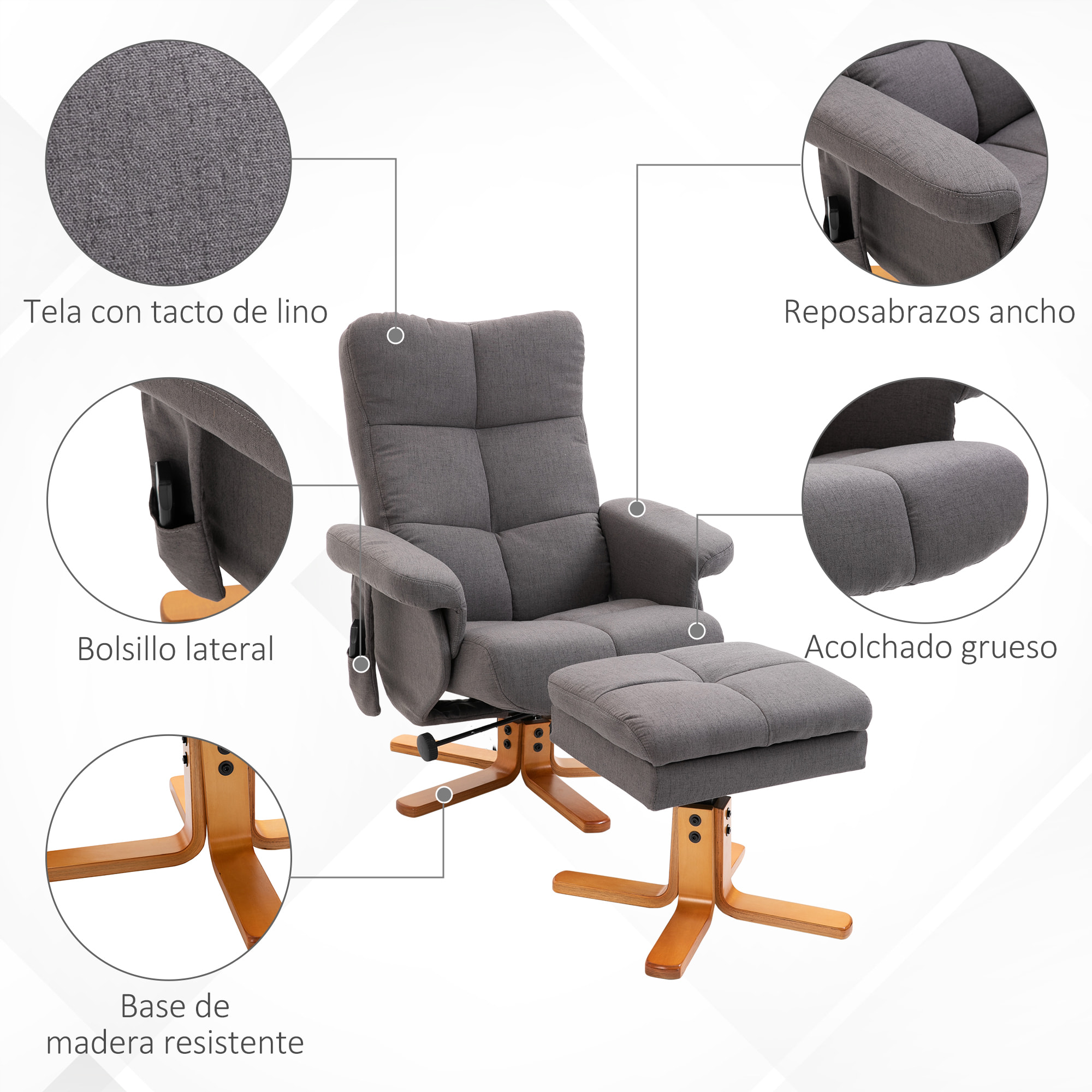 Sillón Relax Reclinable con Reposapiés Sillón de Masaje Eléctrico de PU con 10 Puntos de Masaje Función Reclinable Giratorio 360° Mando a Distancia Bolsillo Lateral Salón Oficina Gris Oscuro