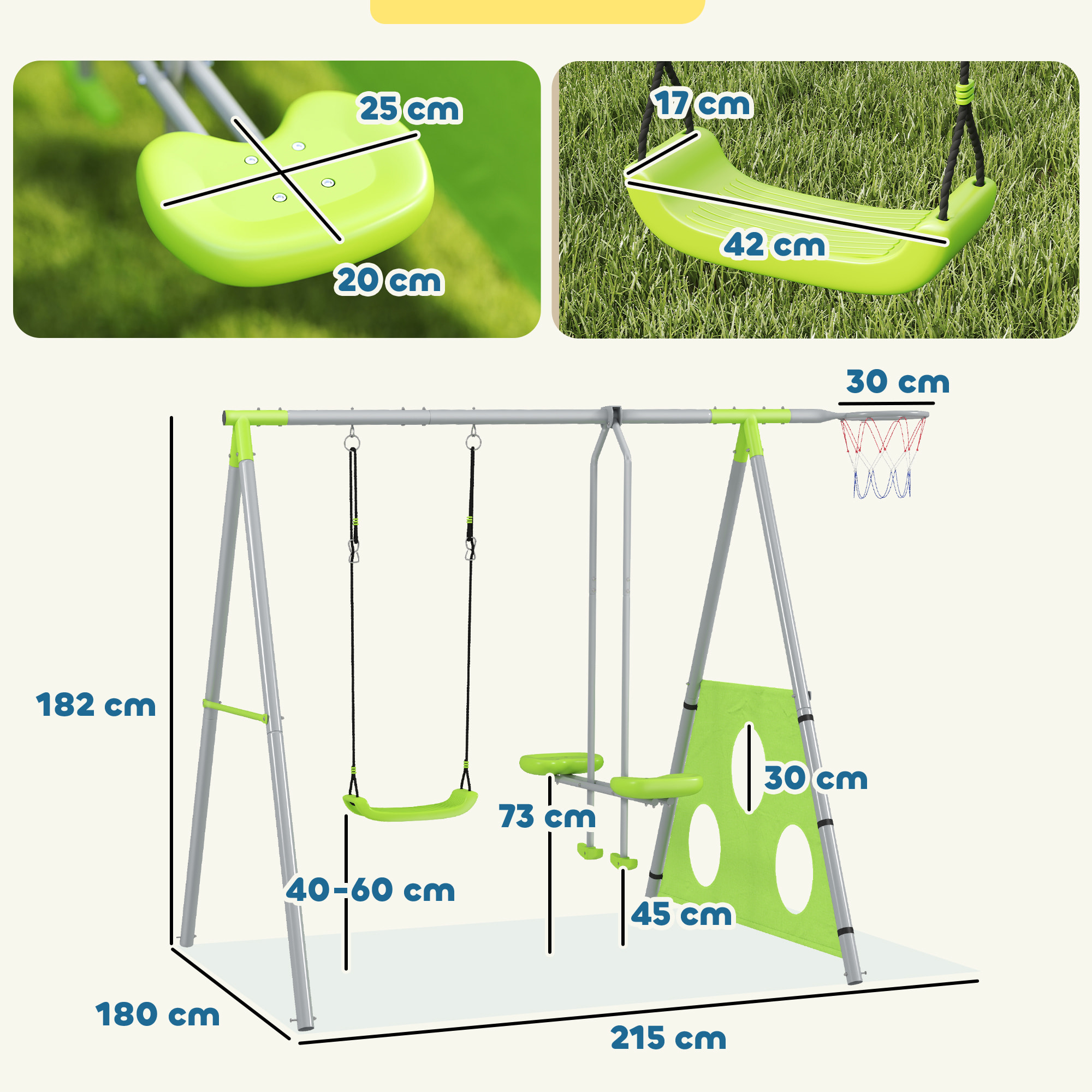 Portique balançoire enfant 4 en 1 - face à face, balançoire, panier basket-ball, cible football - acier gris vert pomme