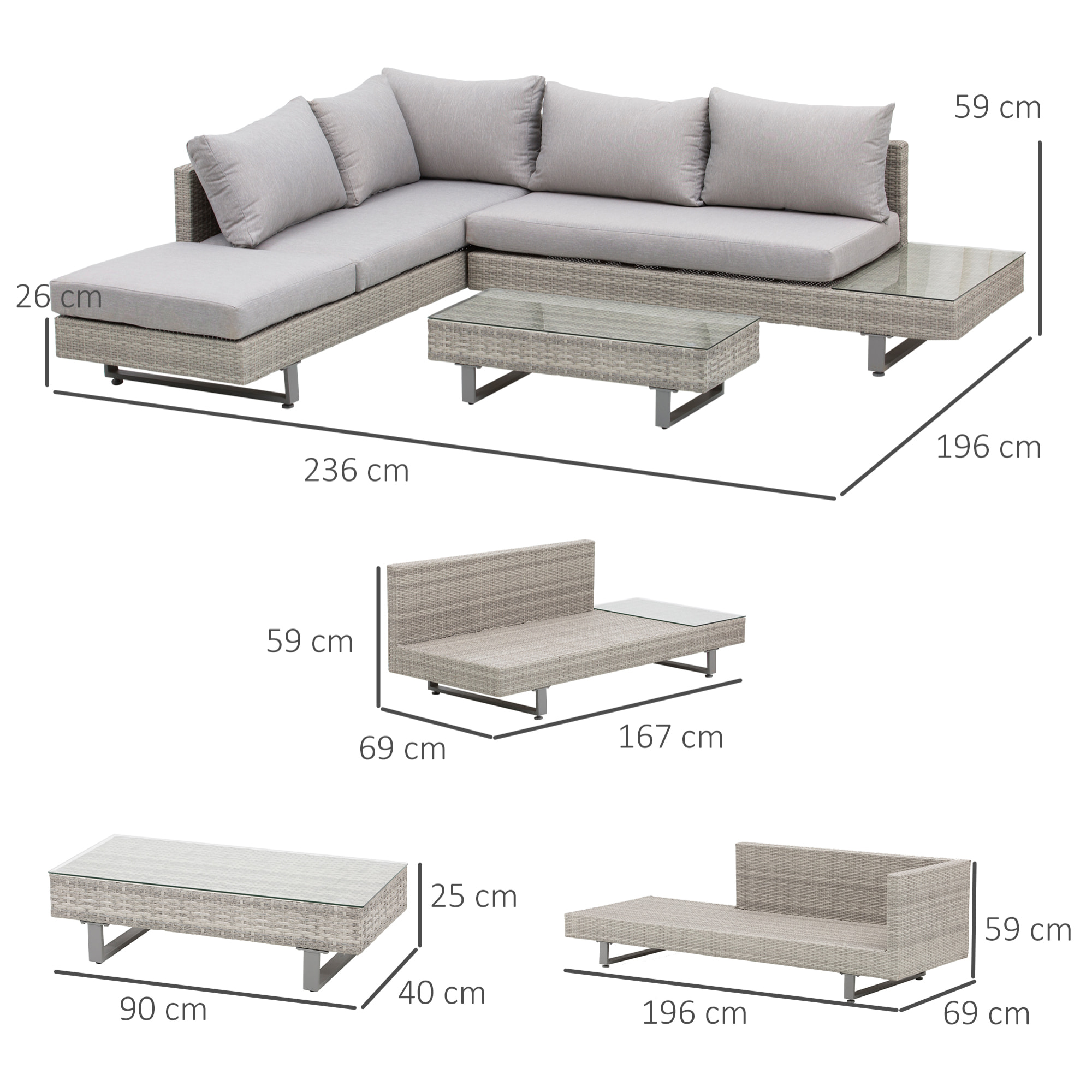 Conjunto de Muebles Set de Sofás Ratán 3 Piezas Cojines Extraíbles Acero Gris