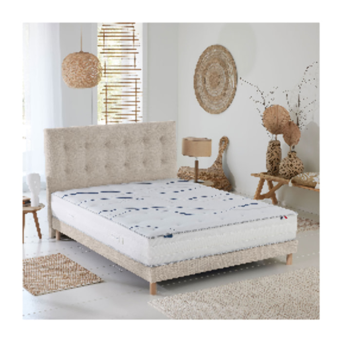 Ensemble matelas mousse HD SERENA avec sommier et tête de lit, chenille bouclettes crème