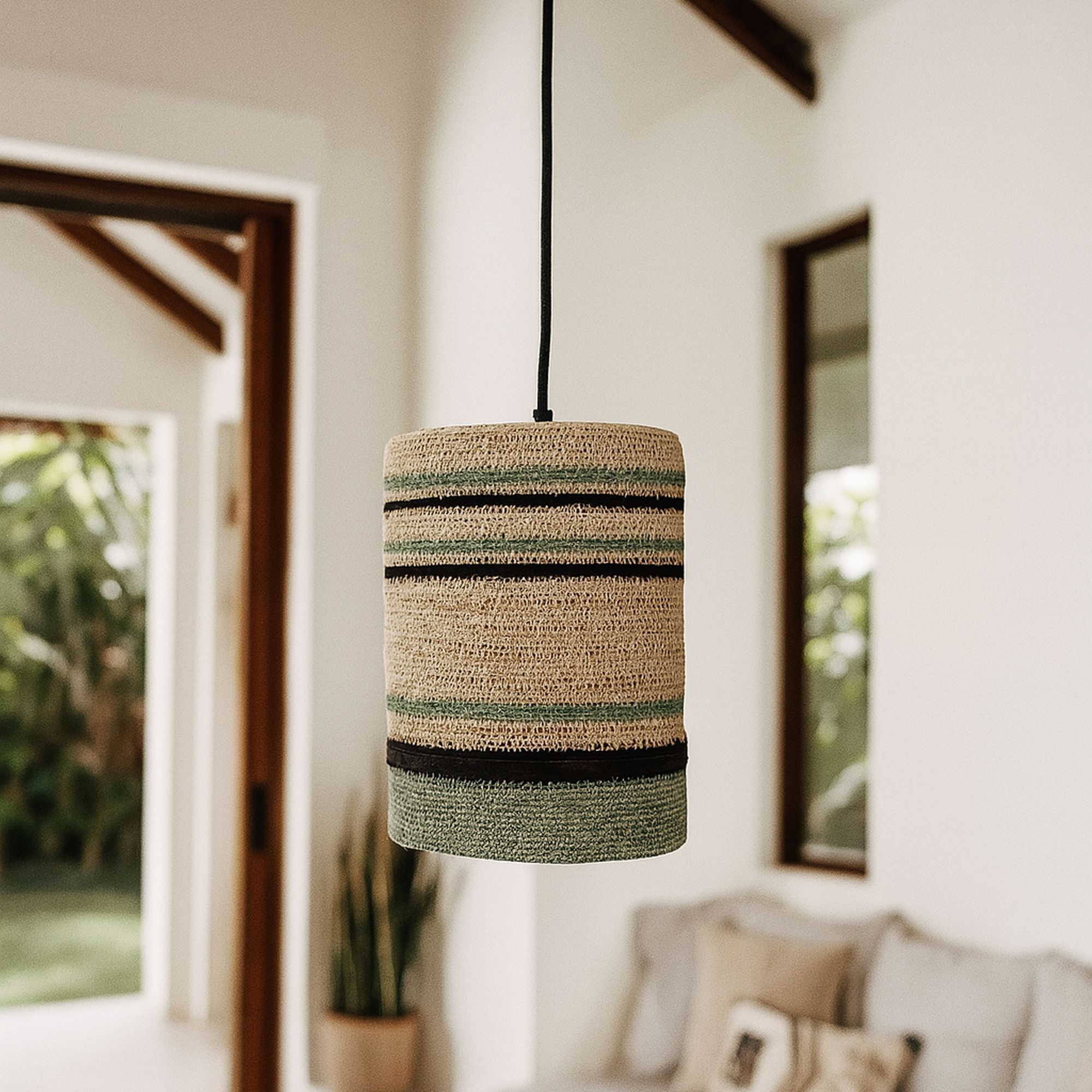 Suspension en jonc de mer naturel et vert BARBADE