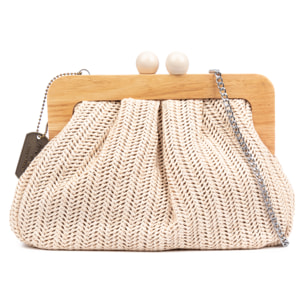 Benestare Bolso bandolera Mujer. Tela con detalles de madera natural y piel sintética.