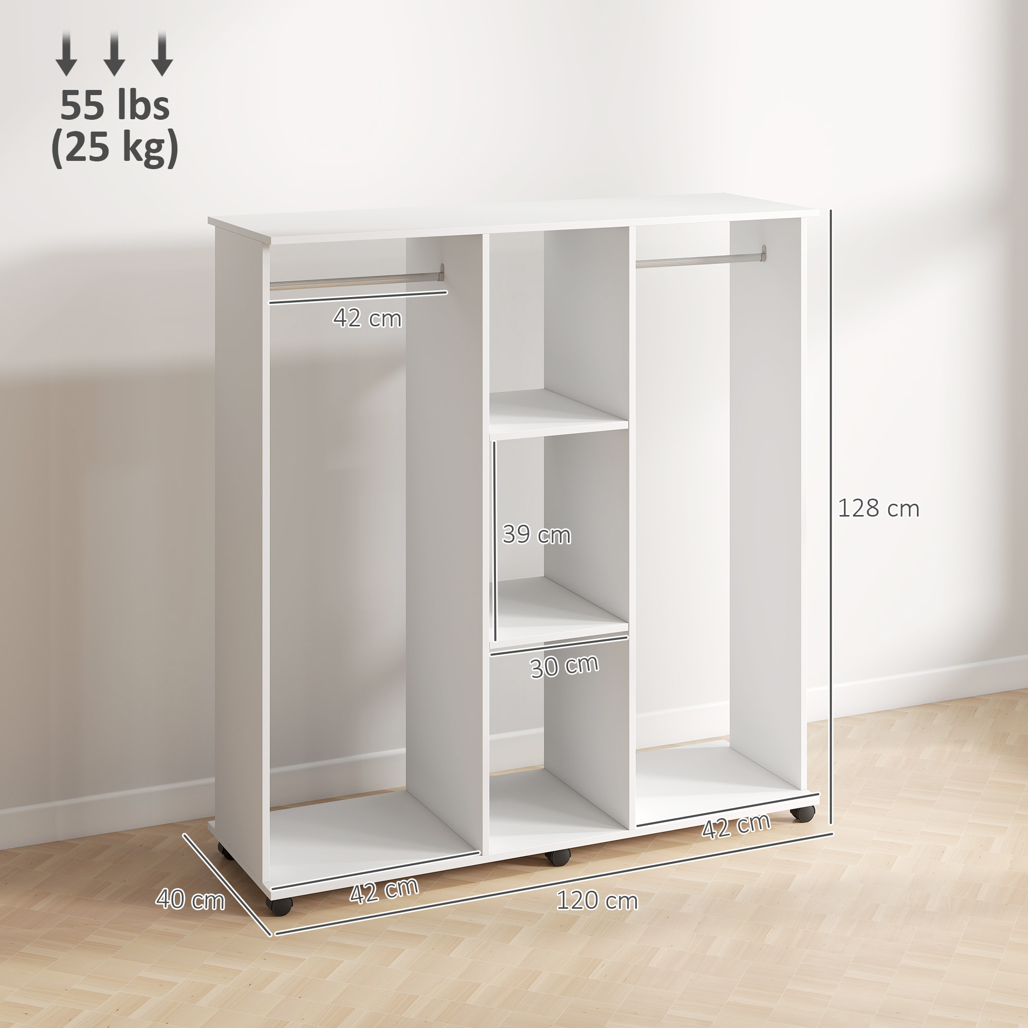 Armoire penderie Meuble de Rangement Mobile 6 roulettes 120L x 40l x 128H cm en bois Blanc