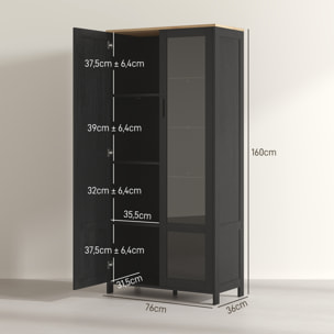 Armoire de rangement - 2 portes - 7 étagères - dim. 76L x 36l x 160H cm - noir aspect chêne clair verre