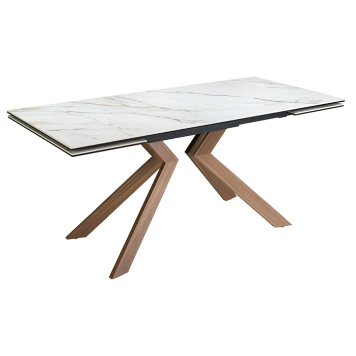 Mesa comedor extensible rectangular con tapa de mármol porcelánico blanco con vetas en tonos grises y marrones en mate 180x90x76cm