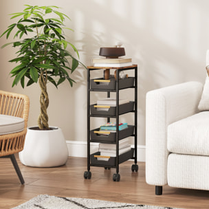 Carro de Cocina de Almacenamiento de 5 Niveles Carrito Auxiliar con Ruedas Tablero Efecto Madera y 4 Cajones Extraíbles Carrito de Cocina para Comedor Salón 39,5x24x82 cm Negro