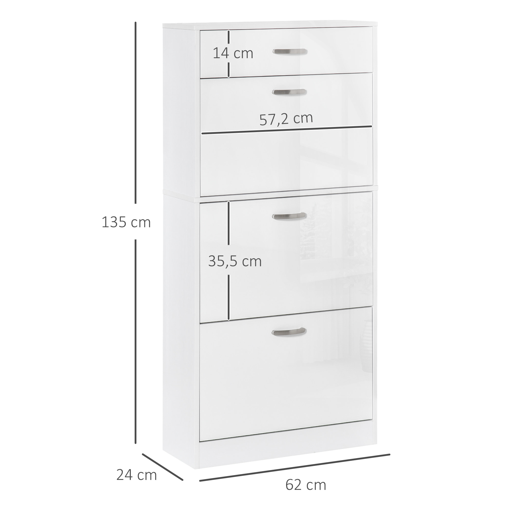 Meuble à chaussures - 3 portes abattantes et tiroir coulissant - dim. 62L x 24l x 135H cm - poignées alu. panneaux particules blanc