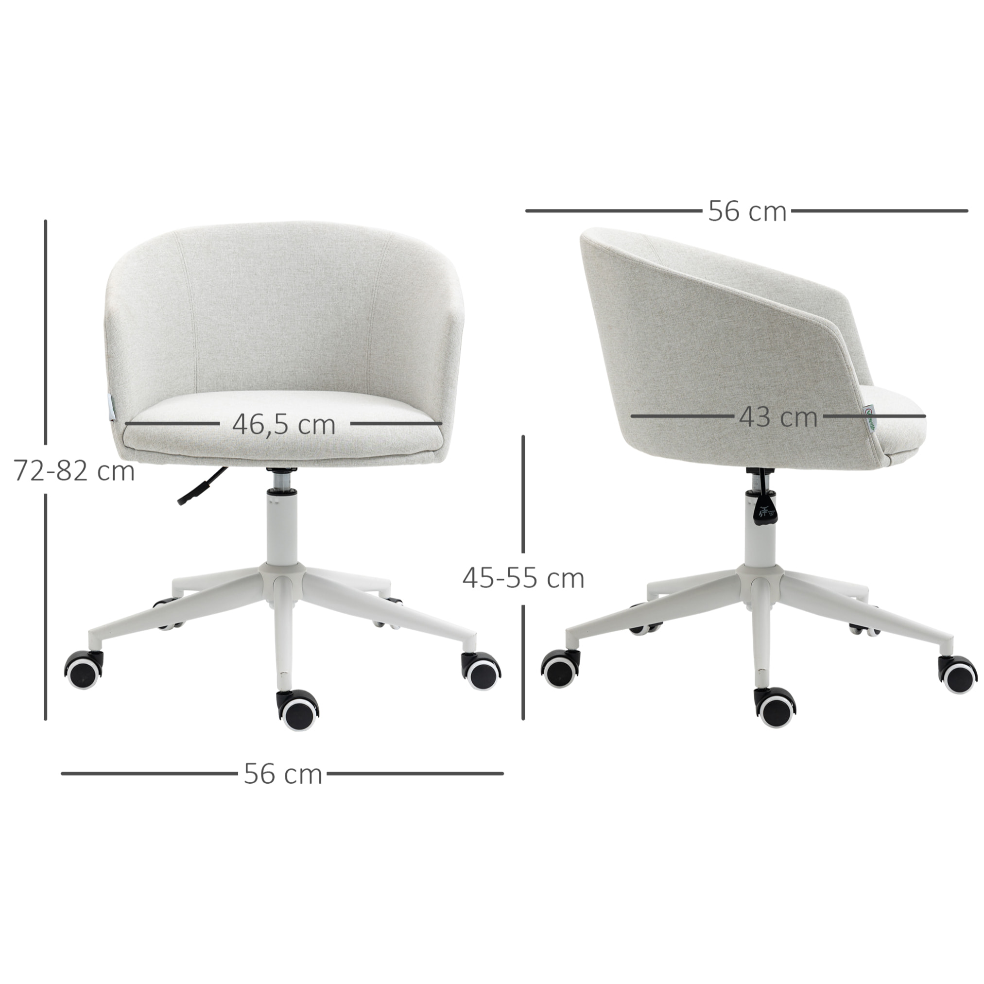 Silla de Oficina Giratoria Tejido de Lino Silla de Escritorio Ergonómica Altura Ajustable con Reposabrazos y Asiento Acolchado Carga 120 kg para Salón Dormitorio 56x56x72-82 cm Gris