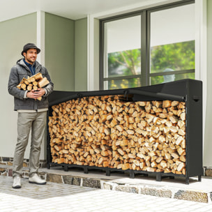 Estante de Leña Metálico, 235x31x116 cm, Leñero Exterior con Cubierta Impermeable 600D Oxford, Marco de Acero y Cadenas de Acero, Soporte para Leña de Chimenea, Almacenaje para Madera, Negro