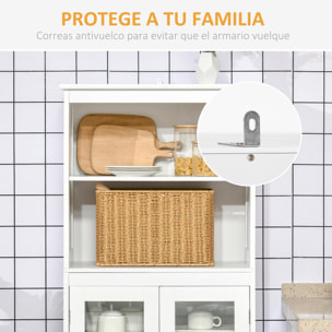 Alacena de Cocina Aparador de Comedor con 2 Puertas de Vidrio Templado 2 Estantes Abiertos y Balda Ajustable para Salón 60x30x162 cm Blanco