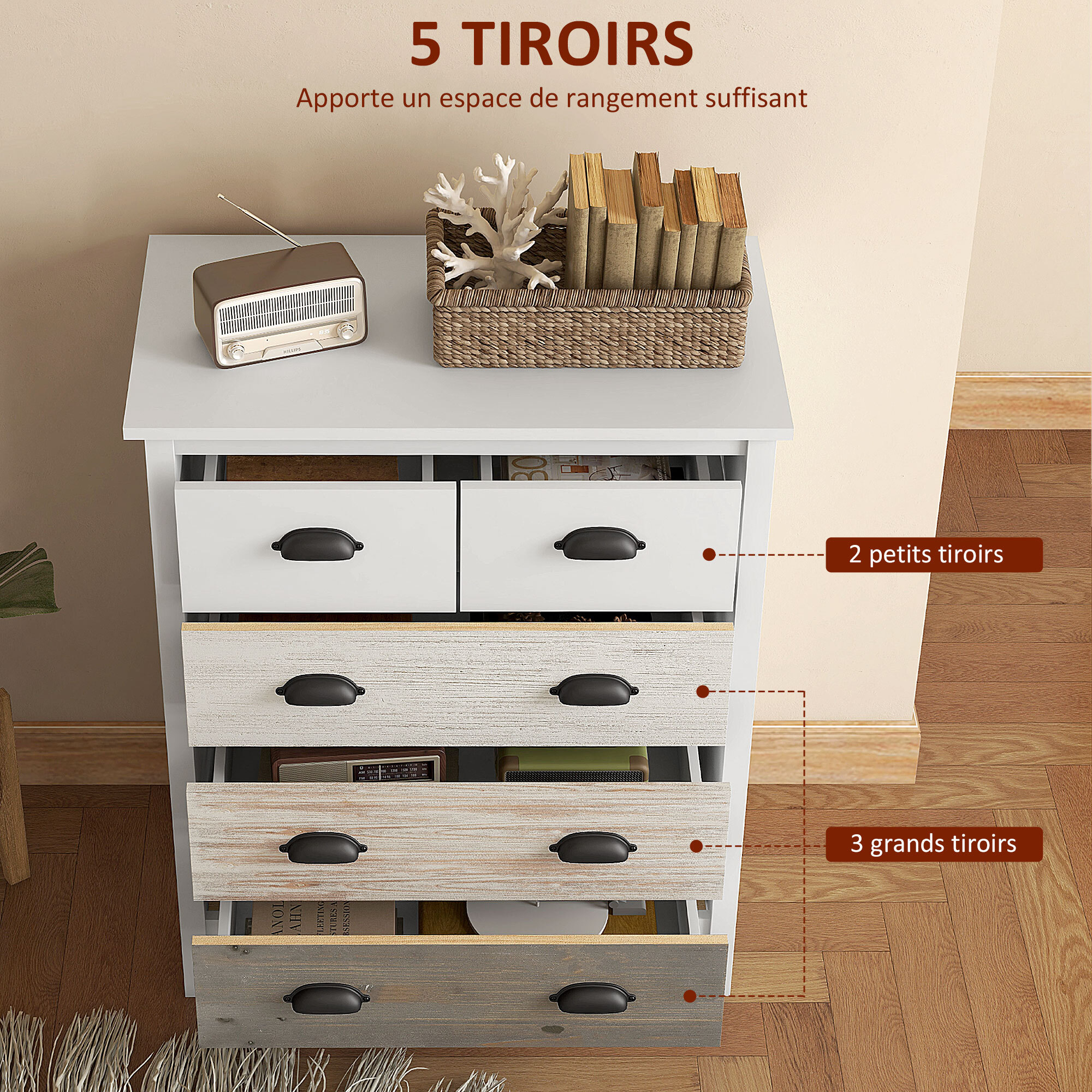 Commode 5 tiroirs style  shabby chic - poignées coquille métal noir - 70 x 38 x 85 cm - blanc effet bois