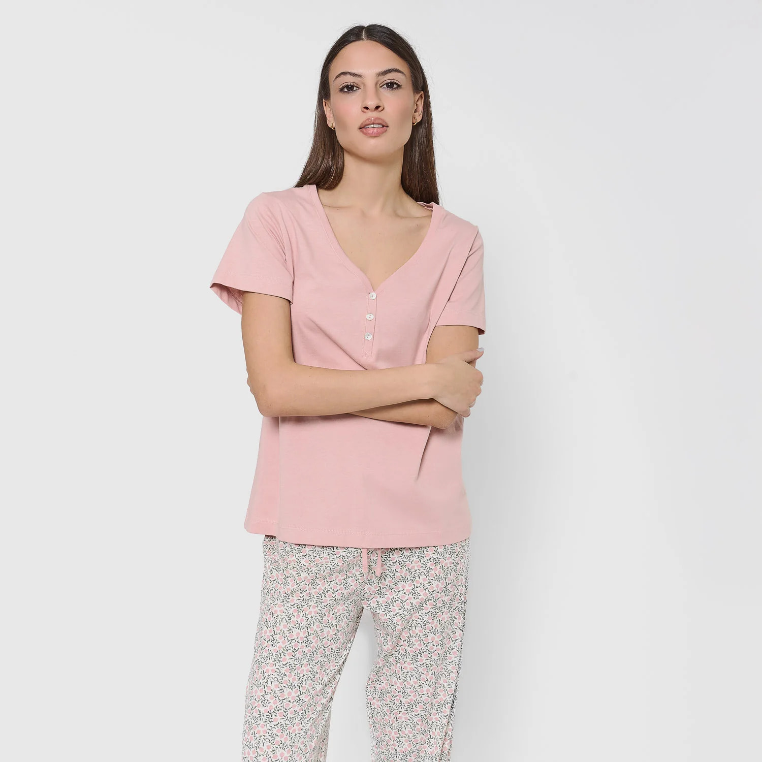 Pigiama lungo in cotone con scollo a v, rosa tedesco