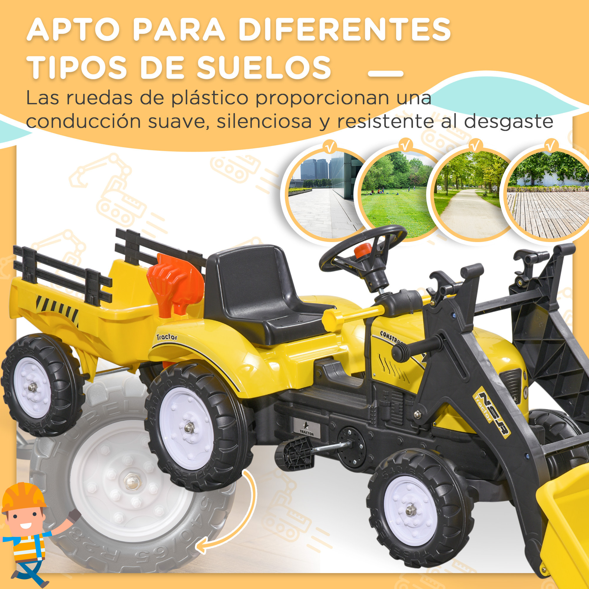 Tractor a Pedales para Niños de 3 Años Excavadora Infantil Juguete de Montar con Remolque Extraíble y Pala Delantera Carga 35 kg 167x41x52 cm Amarillo