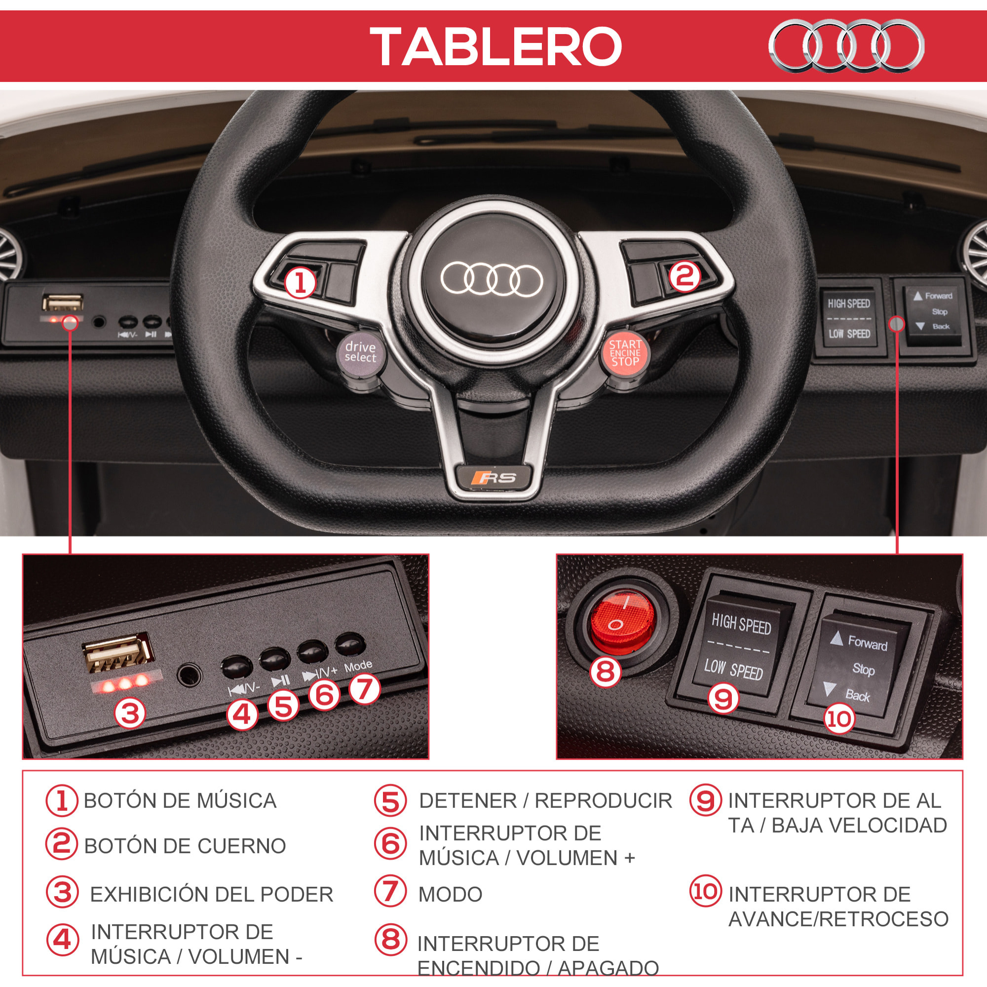 Audi TT Eléctrico Infantil con Control Remoto Música y Luces Modos Aprendizaje