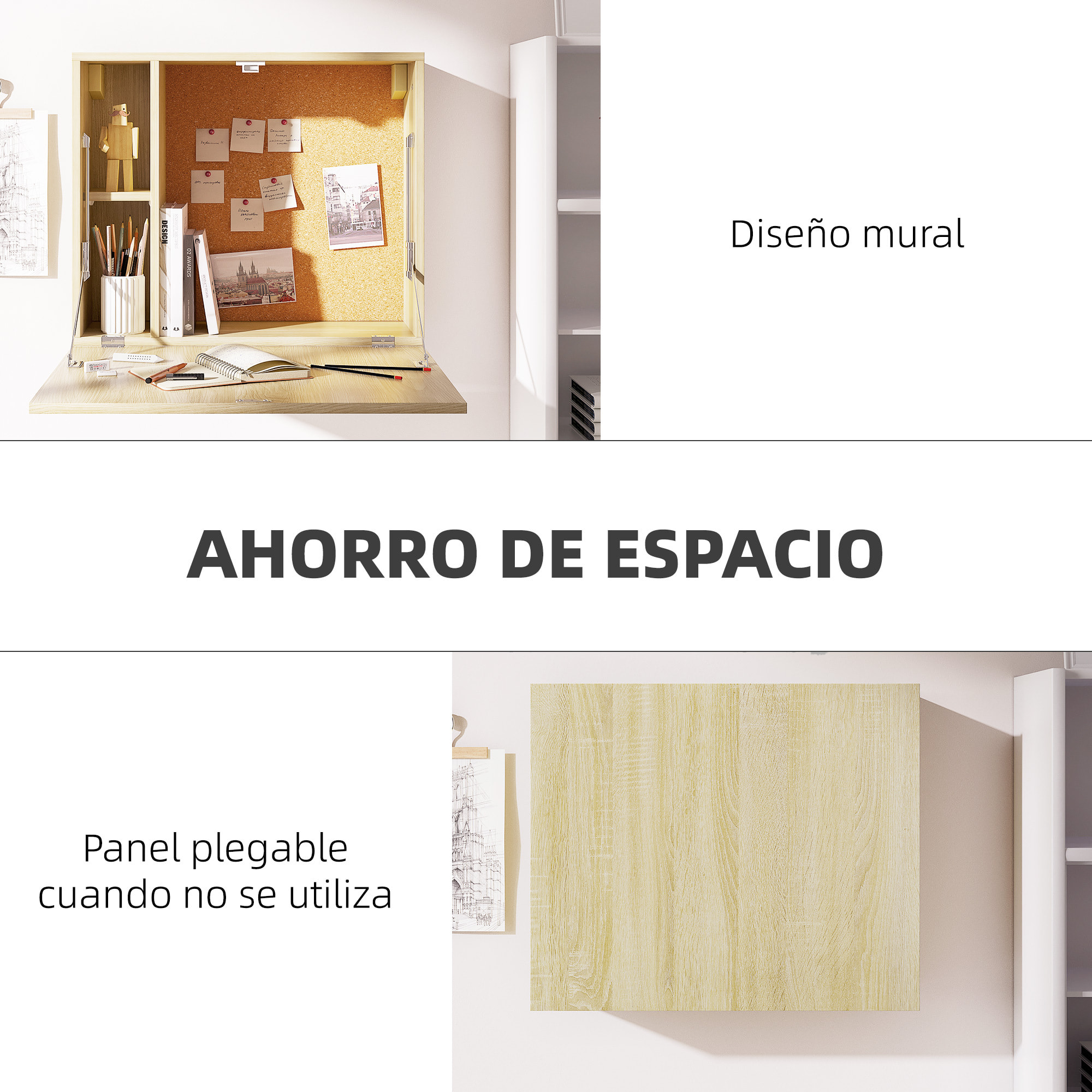 Mesa Plegable de Pared Moderno Escritorio Flotante Multifuncional con Estante de Almacenamiento Carga 40 kg para Dormitorio Salón Oficina 60x20x50 cm Roble