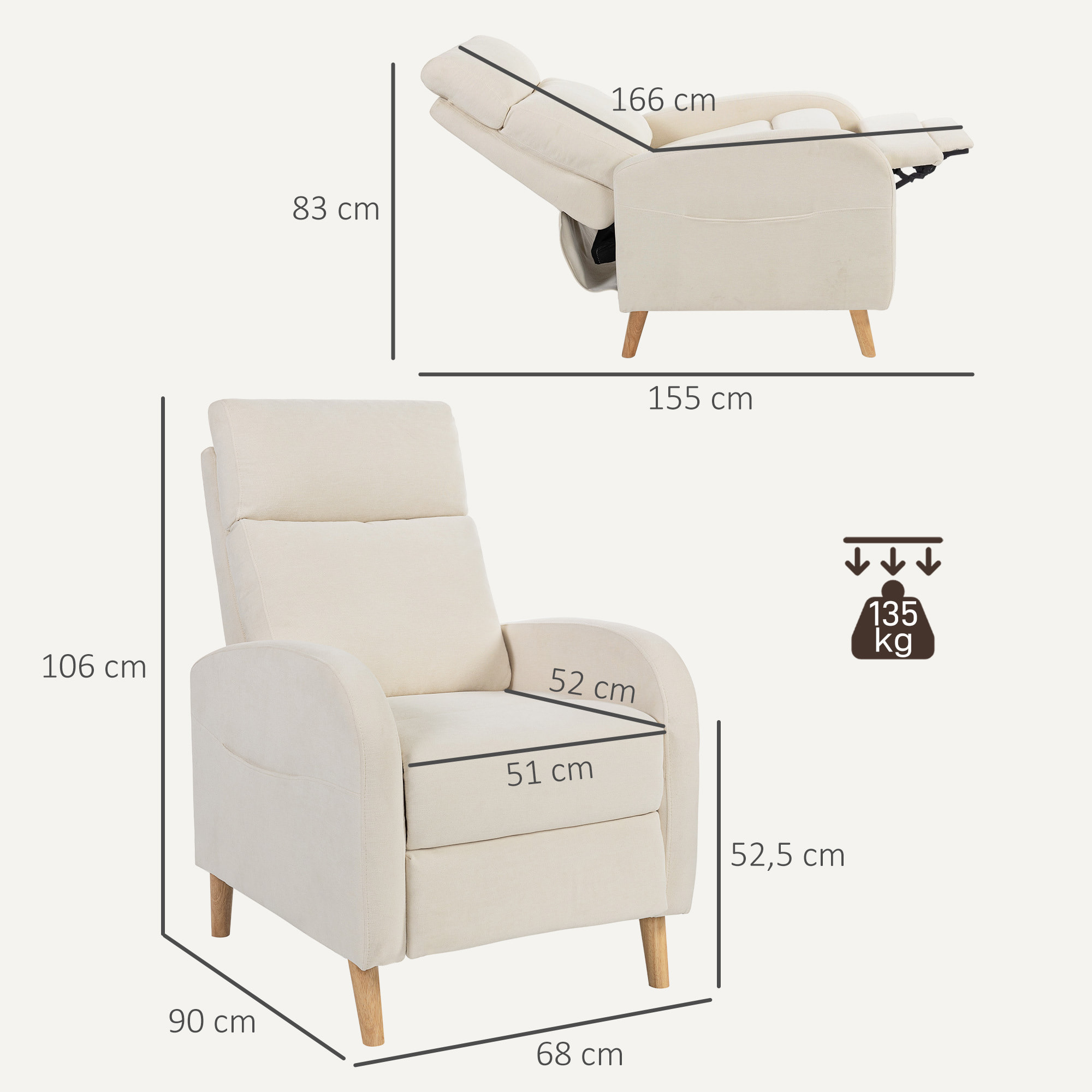Sillón Relax Reclinable Manual Sillón Relax Tapizado en Lino Sintético con Reposapiés y Bolsillo Lateral Carga 135 kg Sillón Reclinable para Dormitorio Oficina Crema