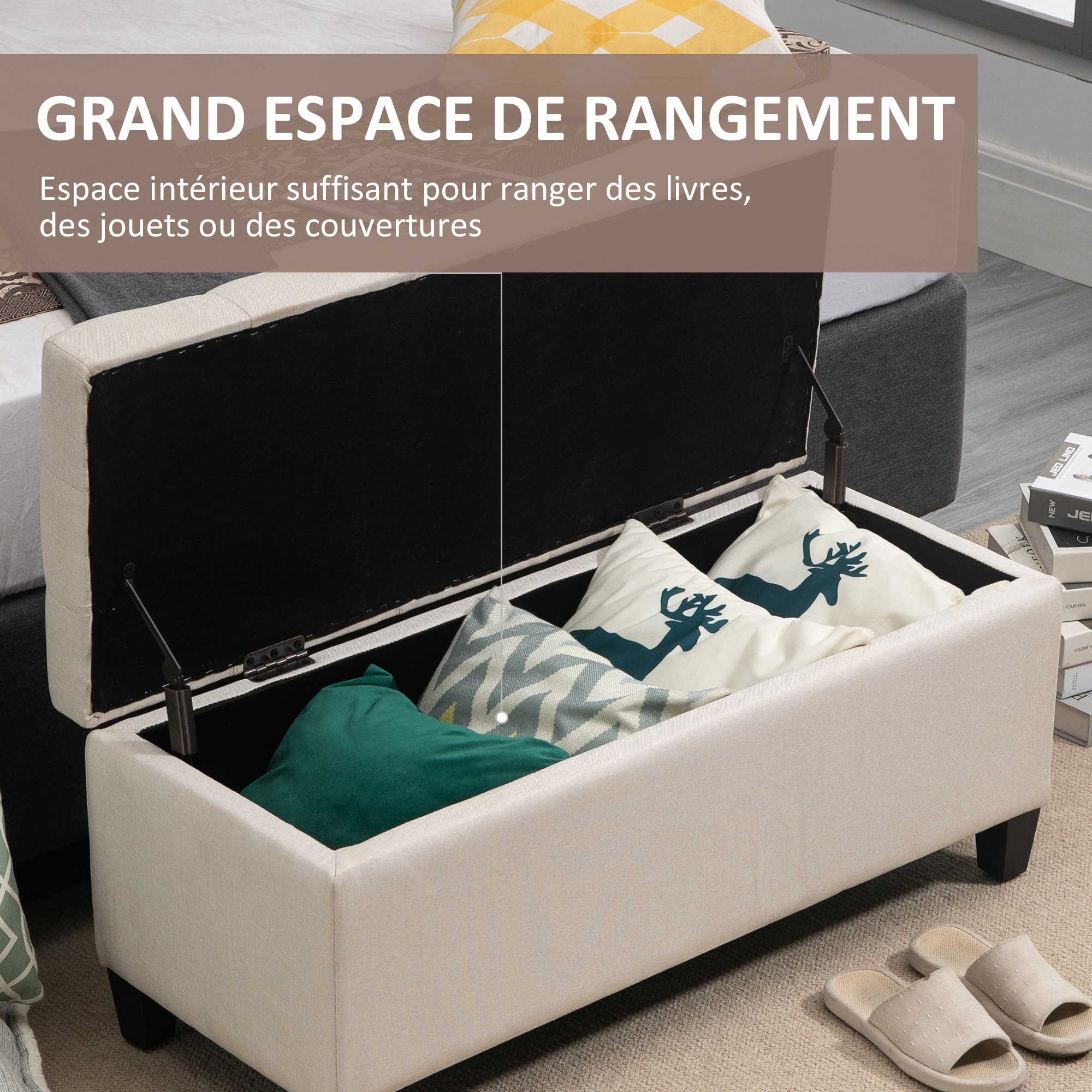 Banquette coffre de rangement style Chesterfield dim. 100 x 40 x 44 cm piètement bois noir tissu beige clair