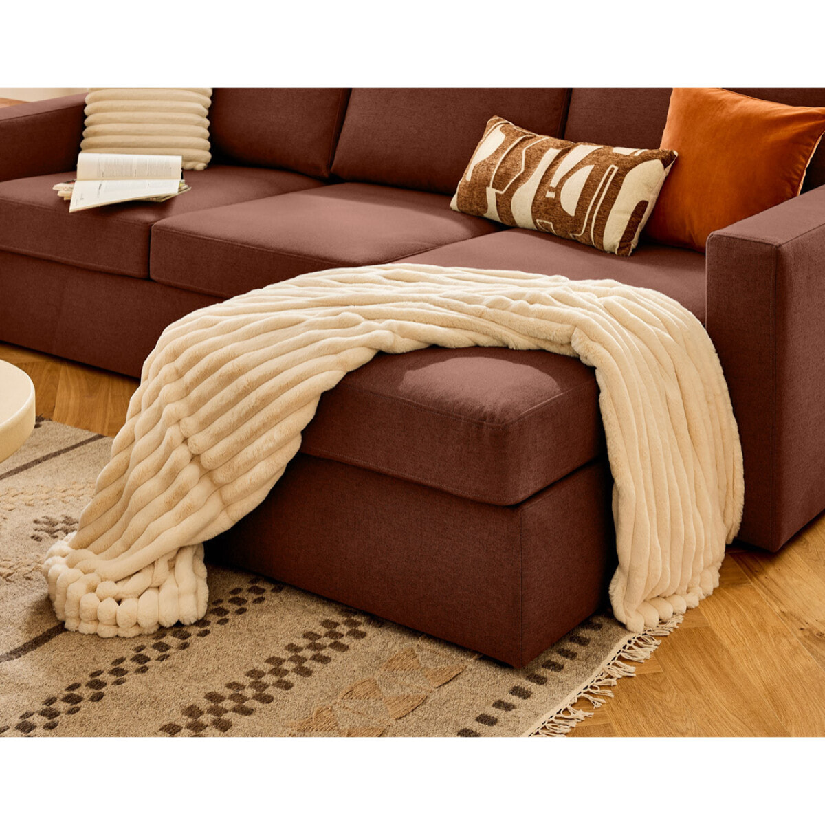 Barrie - canapé d'angle réversible 4 places avec têtière amovible en tissu - Terracotta