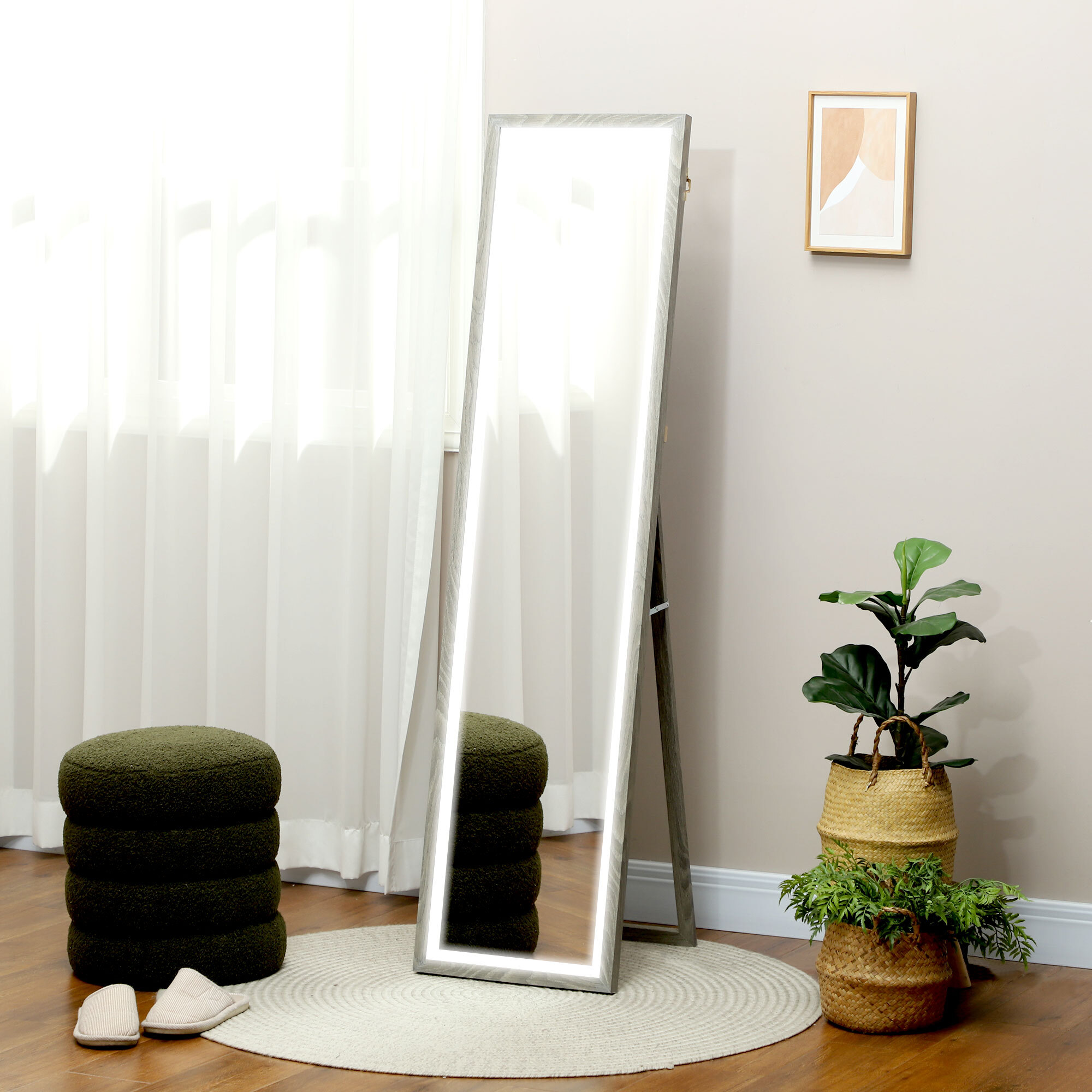 Grand miroir LED pleine longueur 40 x 160 cm autoportant ou à fixer - 3 couleurs luminosité réglable - effet bois gris
