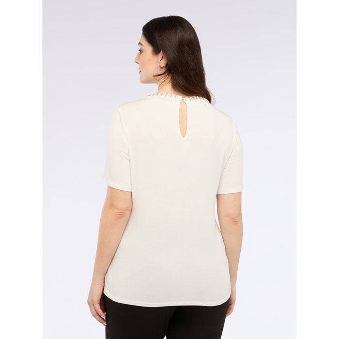 Fiorella Rubino - T-shirt bimaterica con applicazioni gioiello - Bianco