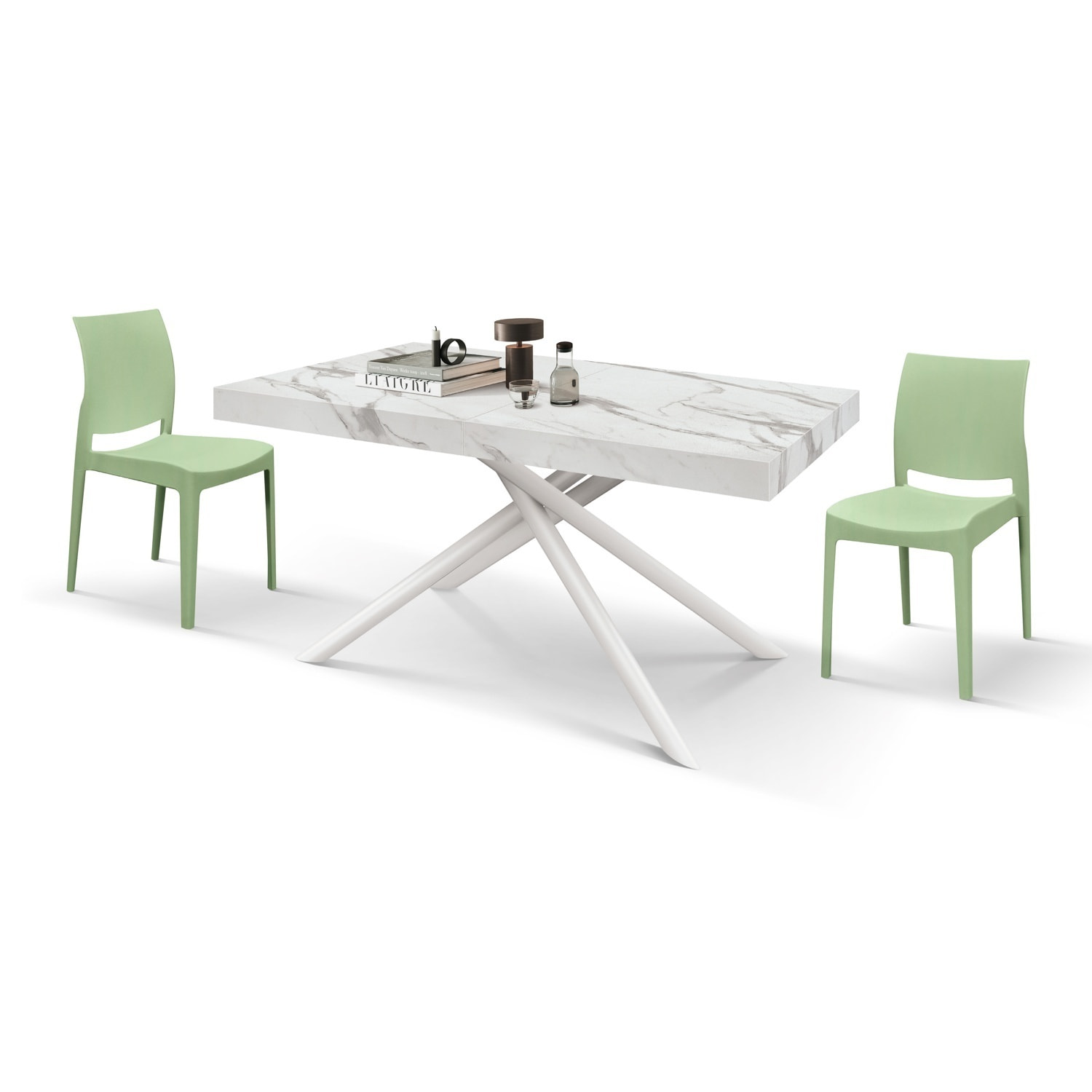 Tavolo CARRARA in legno, finitura bianco statuario e gambe in metallo bianco, allungabile 160x90 cm - 240x90 cm