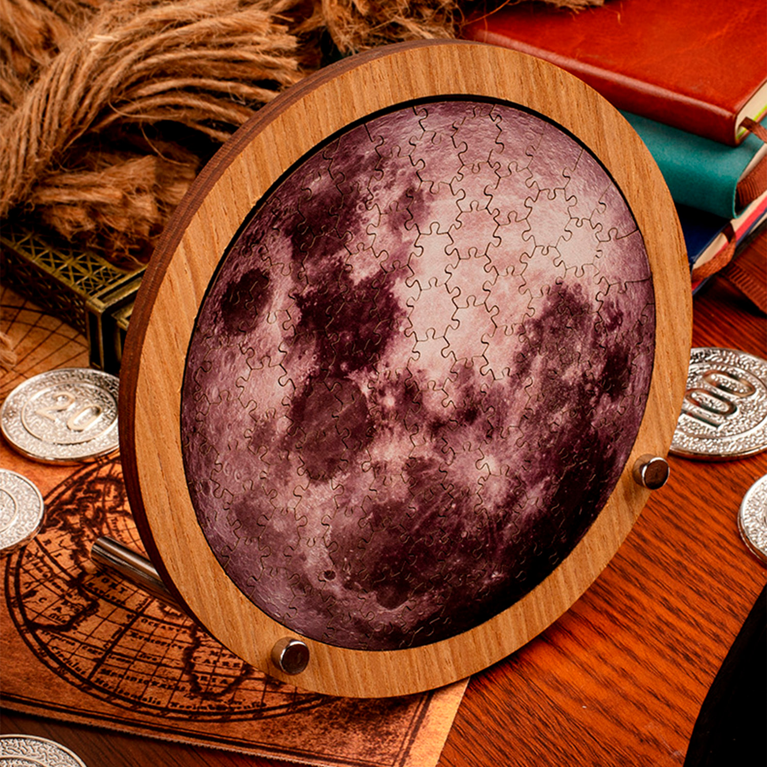 Puzzle e cornice in legno con 110 pezzi. Design Luna.