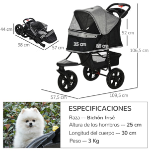 Cochecito para Mascotas Plegable Carritos para Perros con 3 Ruedas Puerta Ventanas de Malla Cesta de Almacenaje y Correas de Seguridad Marco Acero 109,5x57,5x106,5 cm Gris