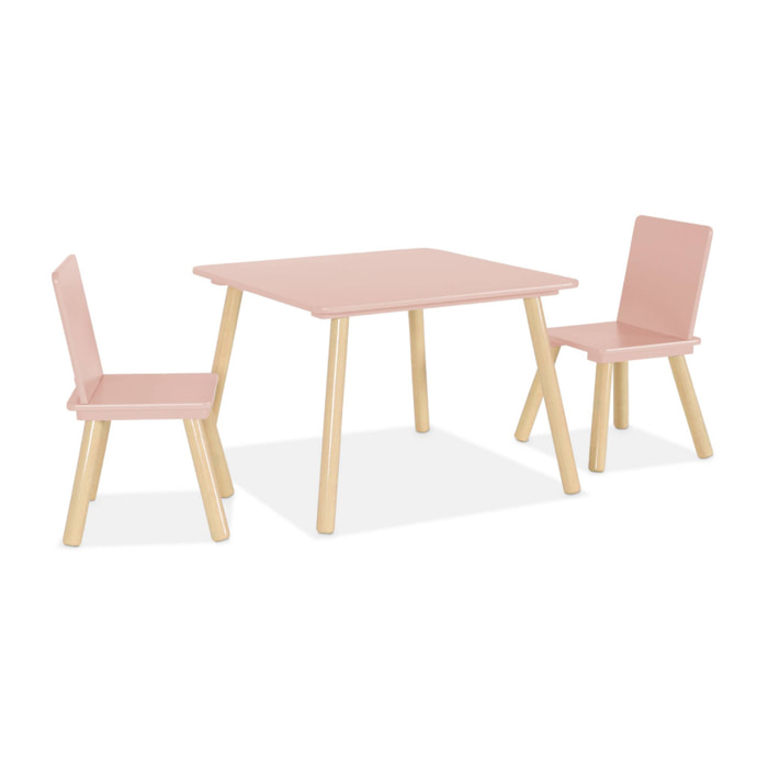 Table carrée enfant avec 2 chaises. pieds en pin. rose