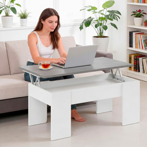 Tavolino Da Caffè Sollevabile Con Contenitore Tavolo Salvaspazio Piano Alzabile Soggiorno Salotto Vano Portaoggetti 100x69x57 Cm Bianco Grigio Cemento