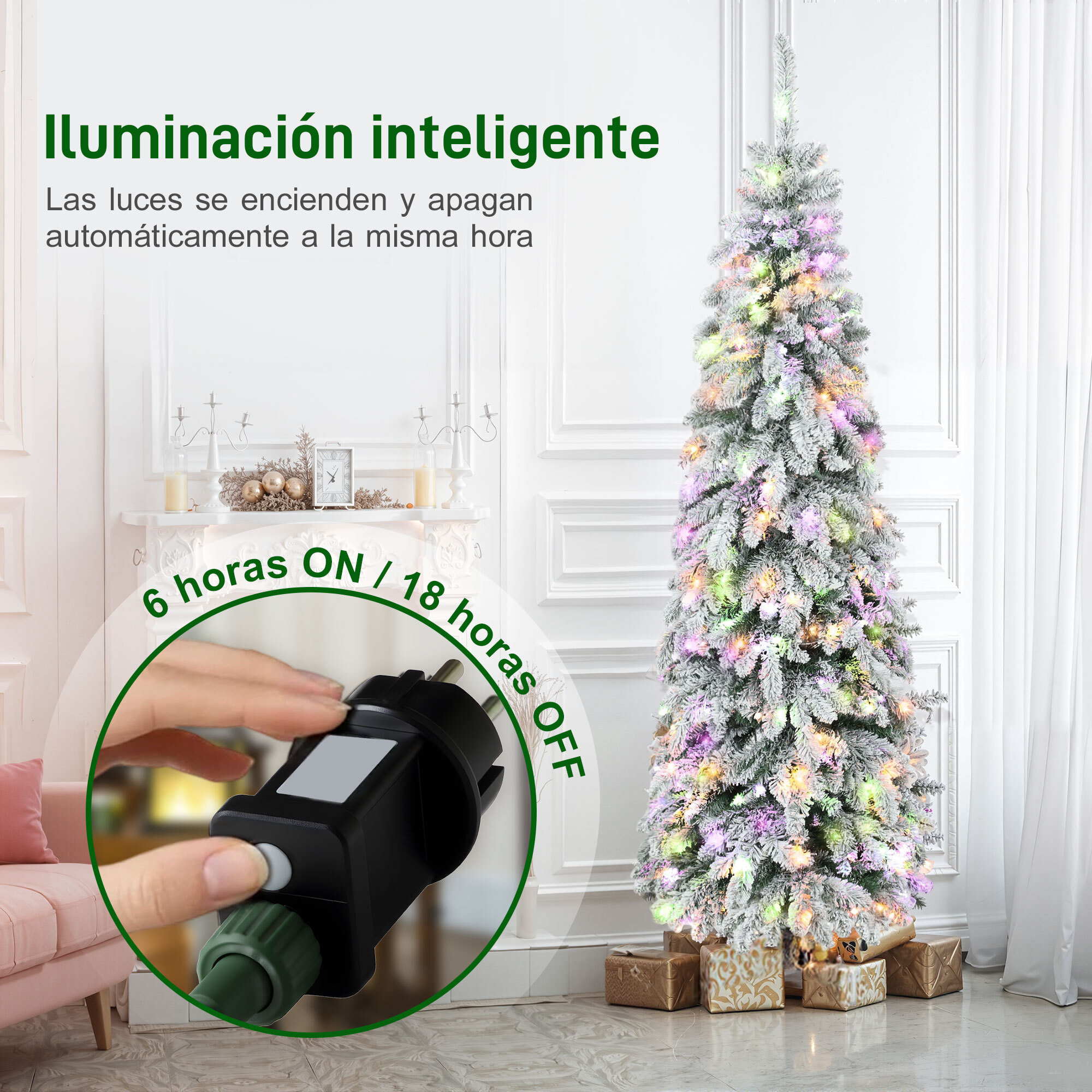 Árbol de Navidad Estrecho 180 cm, Árbol de Navidad Nevado con Luces LED Bicolores, Temporizador, 11 Modos de Iluminación, 540 Ramas, Soporte de Acero, Fácil de Montar, Verde