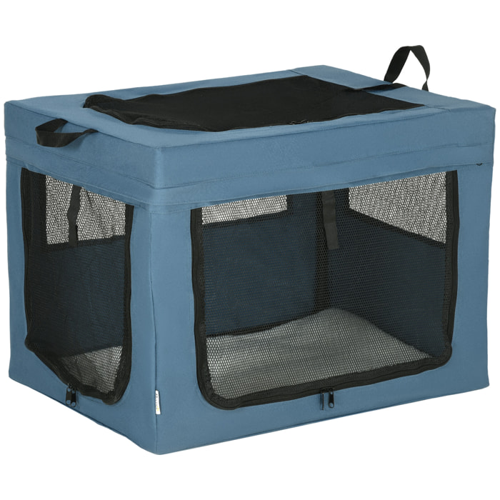 Sac de transport pliable pour chien chat - 2 poignées, 3 portes - dim. 69L x 51l x 51H cm - acier polyester bleu