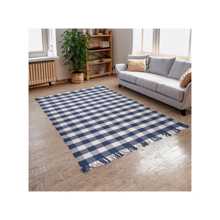 Tapis en coton avec carreaux bleu et blanc et franges - DENIM