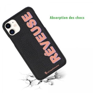 Coque iPhone 11 effet cuir grainé noir Rêveuse corail et parme Design La Coque Francaise