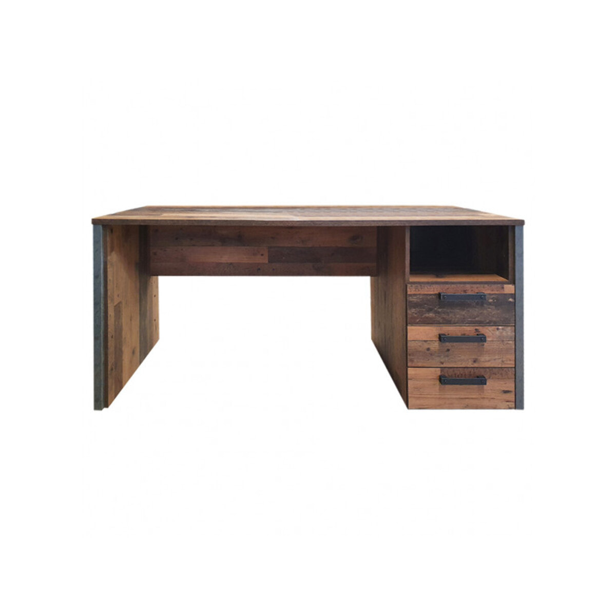 Bureau industriel 160 cm bois vieilli et béton gris avec rangements - FRED