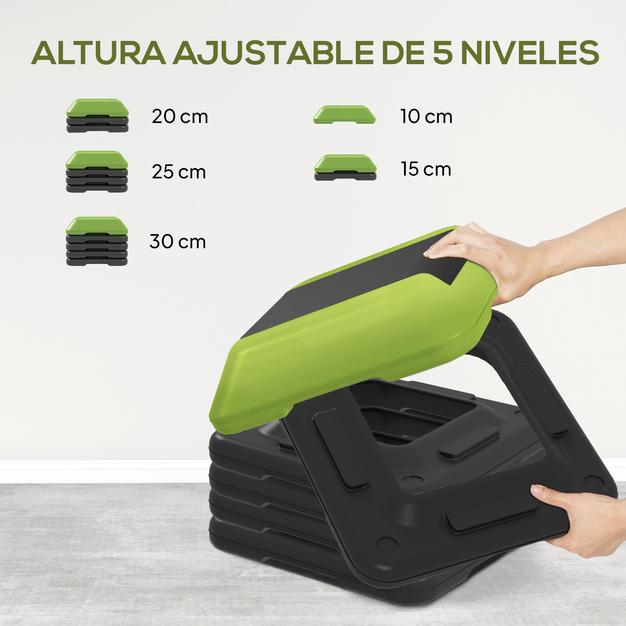 Step de Aeróbic Step para Fitness Stepper Antideslizante con Altura Ajustable de 10/15/20/25/30 cm Carga 150 kg para Entrenamiento en Casa Gimnasio Verde