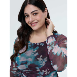 Fiorella Rubino - Camiseta de tul con estampado floral - Burgundy