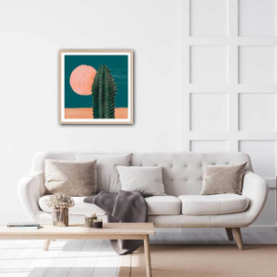 Affiche illustration cactus et soleil rose Affiche sous cadre bois