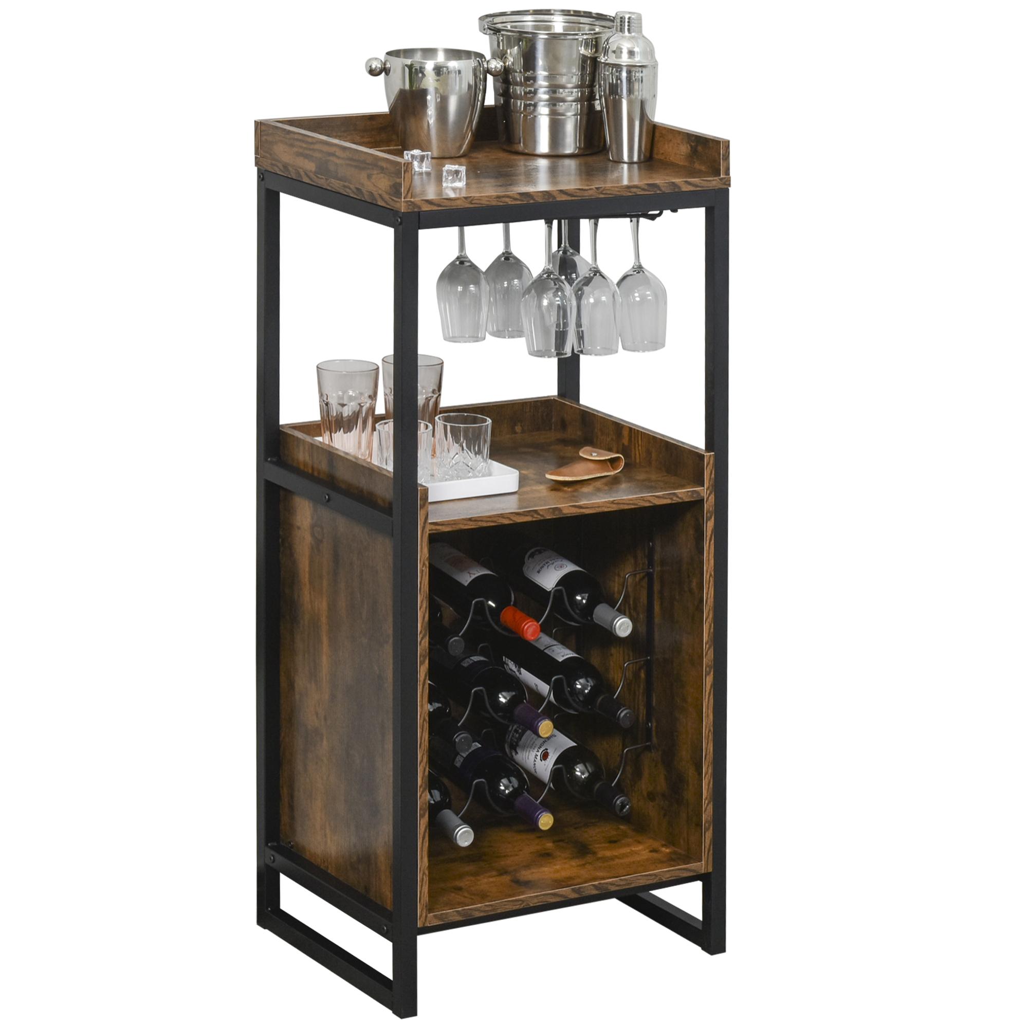 Casier à vin design industriel étagère à bouteilles 9 bouteilles support verres à vin intégré métal noir aspect vieux bois veinage