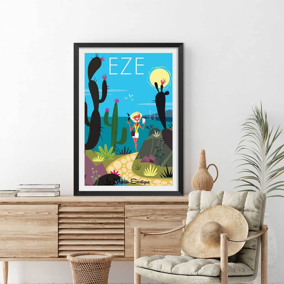 Poster de jardin exotique d' eze Affiche + cadre en bois - Noir
